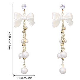 CWVHQ Bow Pearl Tassel Earrings Bohemian Bow Tie Dangle Earrings Dangle Pearl Rhinestone Drop Earrings for Women (white)