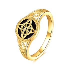POPLYKE Gold Plated Celtic Knot Witches Knot Black Onyx Stone Ring Sterling Silver Black Tourmaline Statement Ring Jewelry Gifts for Women 8 Size