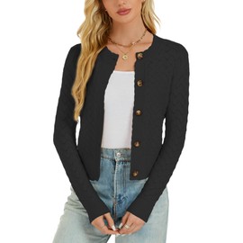 Enjyam Women's Cardigan Elegant Long Sleeve Crew Neck Cardigan Lightweight Bolero Jacket with Buttons Soft Jacket Over Top Dress, black