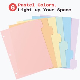 Sooez 6-Tab Durable Plastic Write & Erase Big Tab Dividers for 3 Ring Binder, Aesthetic Cute Pastel Binder Dividers for Student, Teacher, Office, Home Organizers, 1 Sets, Pastel