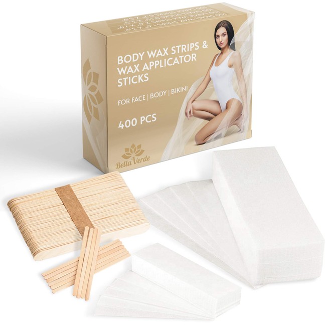 Wooden Wax Applicator Sticks and Non-Woven White Wax Strips - Wooden Waxing Spatulas - Large - 400 count - Hair removal - For Men - Women - Brazilian Eyebrow Home Body Waxing - Prime