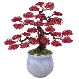 rockcloud Aluminum Wire Money Tree Sculpture with Ceramic Base Feng Shui Bonsai Home Office Decoration for Luck and Wealth, Red & Brown