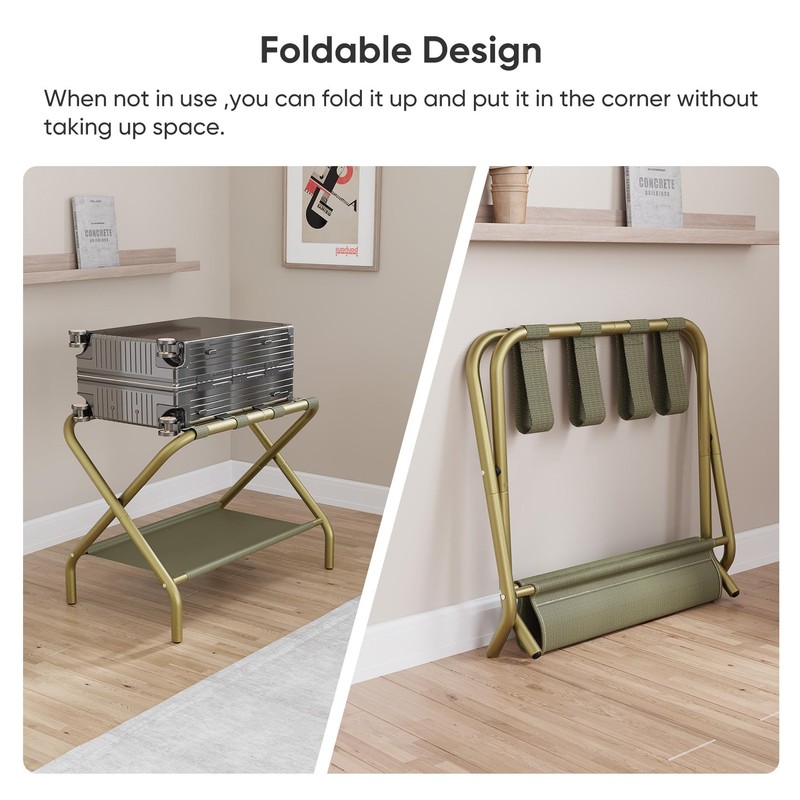 Smuxee Gold Luggage Rack, Foldable Suitcase Stand with Fabric Storage