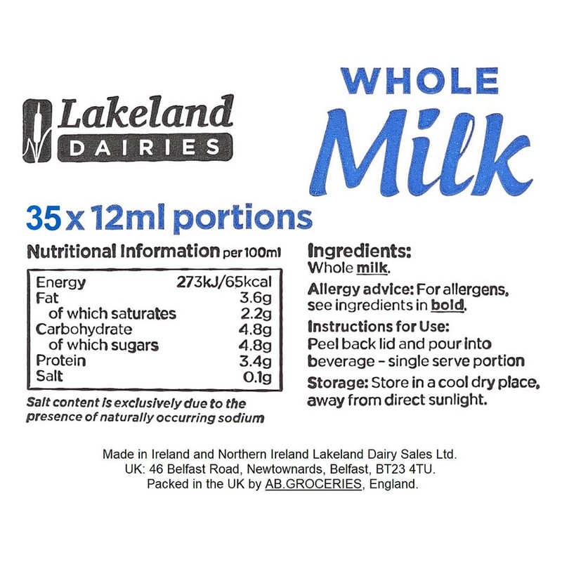 35x Whole UHT Milk 12ml Individually Wrapped Mini Portions Pots