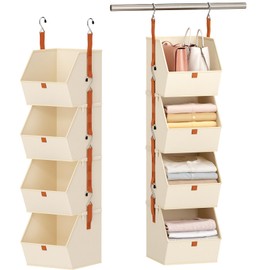 Homsorout Hanging Closet Organizer 4 Tier - Clothes Hanging Shelves, Space-Saving Closet System, Fabric Storage Bins Bedroom Organization, Collapsible Baskets for Home, Dorm, Rv, Beige
