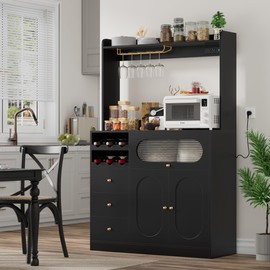 FACBOTALL Kitchen Pantry Storage Cabinet with Hutch, Buffet Cabinet with Storage, Coffee Bar Cabinet with Power Outlets, Microwave Stand, Wine Racks, Kitchen Cupboard for Dining & Living Room, Black