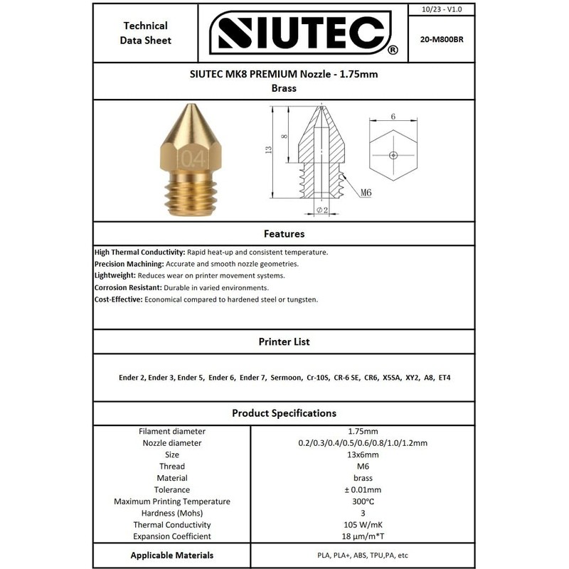 SIUTEC® Premium MK8 Brass / Brass Nozzle Set of 3
