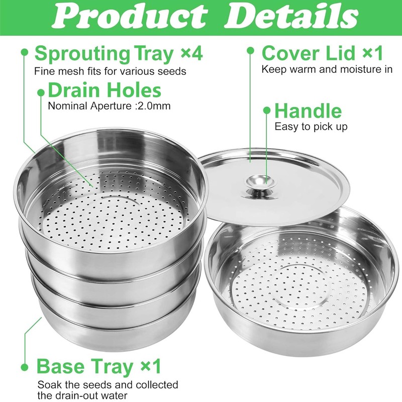 EBaokuup 5-Tier Stainless Steel Seed Sprouting Tray Kit-8.6" x 8.3"