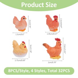 SUPERFINDINGS 32Pcs 4Styles Mini Chicken Figurines Resin 3D Hen Rooster Ornaments Chicken Cock Miniature Fairy Garden Decor Hen Micro Landscape Accessories