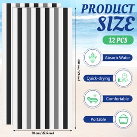 Xinnun 12 Packs Towel Set Bath Towel Swim Towel Beach Towel Oversized 28 x 60 Inch Highly Absorbent Pool Towel for Adult and Kid for Swim Bath Travel Beach Pool (Black, White and Gray Stripes)