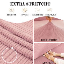 Stretch Sofa Slipcover Soft Sofa Cover Couch Covers for 3 Cushion Couch Sofa Furniture Protector Breathable Washable Jacquard Fabric Small Checks with Elastic Bottom for Kids Pets (Pink, Large)
