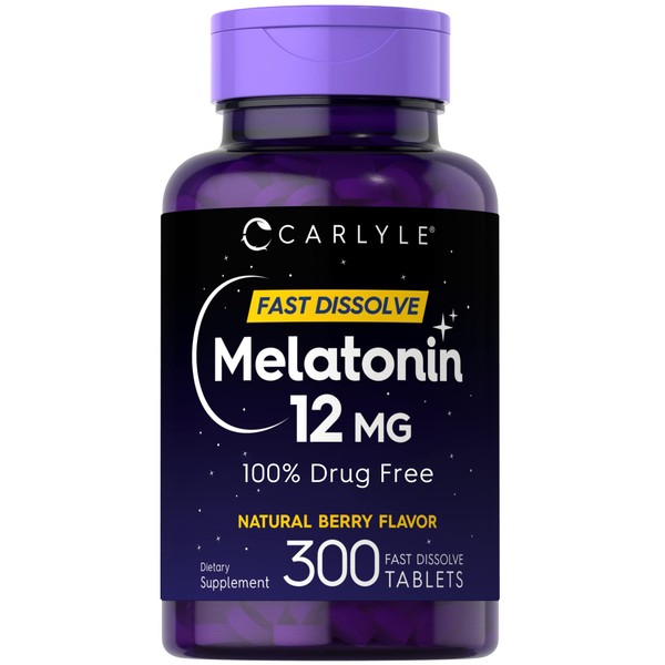 Carlyle Melatonin 12 mg Fast Dissolve 300 Tablets | Drug Free | Natural Berry Flavor | Vegetarian, Non-GMO, Gluten Free