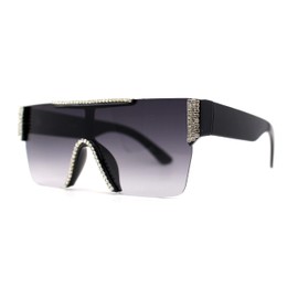 Womens Rhinestone Flat Top Rimless Shield Mafia Sunglasses Black Smoke
