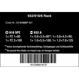 Wera 932/918/6 Kraftform Chisel Driver Set and Rack, Pozidriv/Grooved, 6-Piece, 05018287001