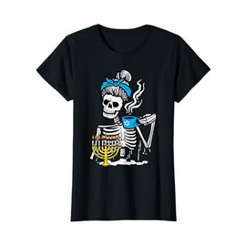Hanukkah Skeleton Messy Bun Coffee Chanukah Women Girls Kids T-Shirt