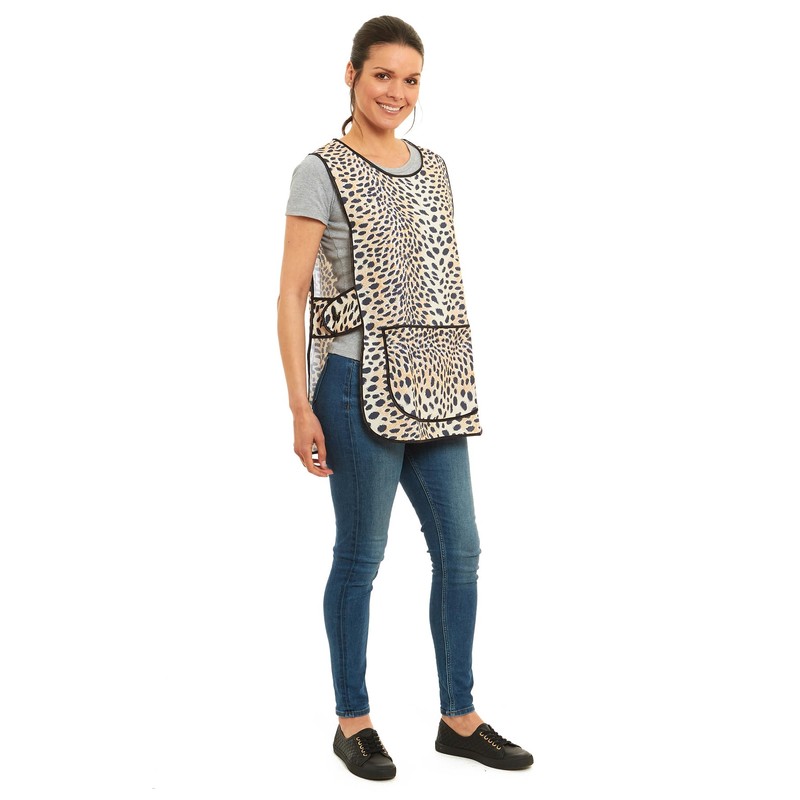 Ladies Leopard Design With Piping Tabard Apron Overalls Front Pocket
