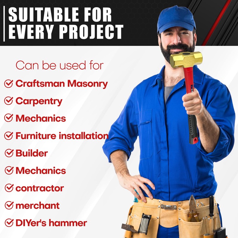 C&T 3lb Brass Sledge Hammer,Non-Sparking,Comfortable Fiberglass Handle,3-Pounds,Non-Magnetic,Corrosion Resistant
