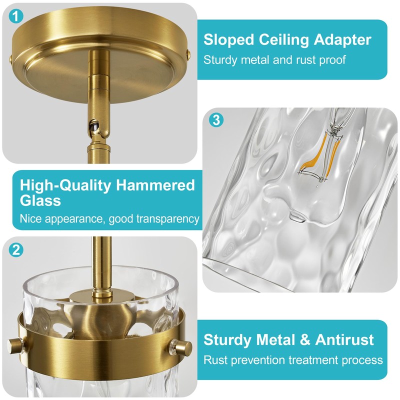 Brushed Gold Pendant Lights for Kitchen Island 4.72" Hammered Glass