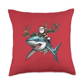 Santa Riding Shark Reindeer Antlers Merry Christmas Shark Throw Pillow