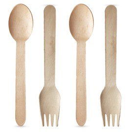 Chef Royale Combo Pack of 100 Wooden Spoons and 100 Wooden Forks Biodegradable Compostable & Eco Friendly Disposable Cutlery Set Wooden Forks & Spoons for Events (100 Spoons, 100 Forks)