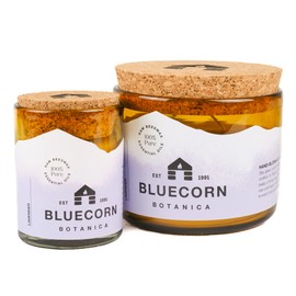 Lavender Essential Oil & Pure Beeswax Candle in Blown Glass Vessel. Bluecorn Beeswax Botanica. Non-Toxic Lavender Scented Candle in 100% Recycled Glass. 8 oz. Aromatherapy Candle