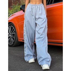 Shebote Womens Parachute Pants Wide Leg Baggy Y2K Elastic Waist Jogger Sweatpants Track Pants Streetwear(0046-LightBlue-S)