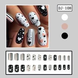 Valentine's Day Press on Nails Medium Square Pentagram Love Heart Line Design False Nails Full Cover Black White Valentine's Day Nails Press Ons Glossy Acrylic Coffin Nails Stick on Nails for Women