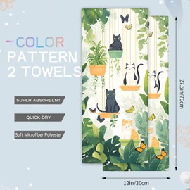 amepay Hanging Cat and Plant Hand Towels - 2 Pack, 14.5" X 28",Soft Microfiber Polyester Towel Set with Cute Botanical Pattern,for Playful Bathroom Kitchen Spa Hotel Decor Gifts Women Girls