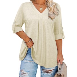 Siddhe Women's Plus Size Tops Spring Fall Winter Tops for Women 2024 Trendy V Neck 3/4 Sleeve Tunic Casual Top Beige 3XL