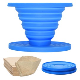 Collapsible Pour Over Coffee Dripper Set - Silicone Reusable Cone Filter Holders with 100Pcs Paper Filters - For Home, Camping, Travel, Office (1, Blue)