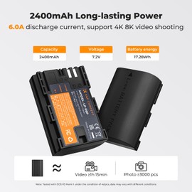 K&F Concept 2400mAh LP-E6P 2-Pack Battery and Dual Slot USB Charger Compatible with Canon EOS R8, R7, R6, R5, R5 Mark II, R, 5D III IV, 5DS, 6D, 6D II, 7D, 80D, 90D