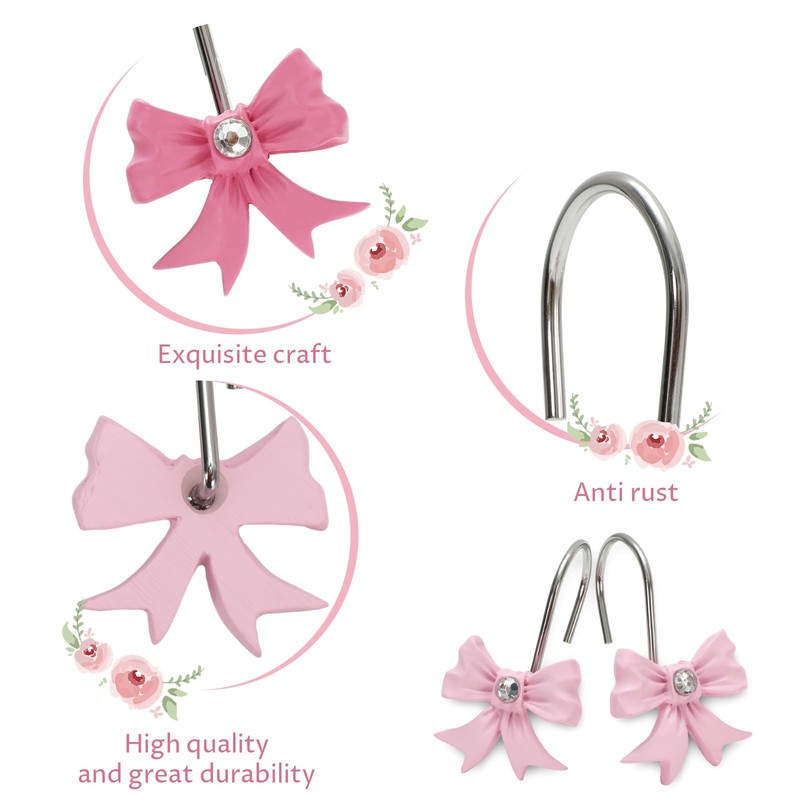JarThenaAMCS 12Pcs Pink Bow Shower Curtain Hooks Cute Bow Knot