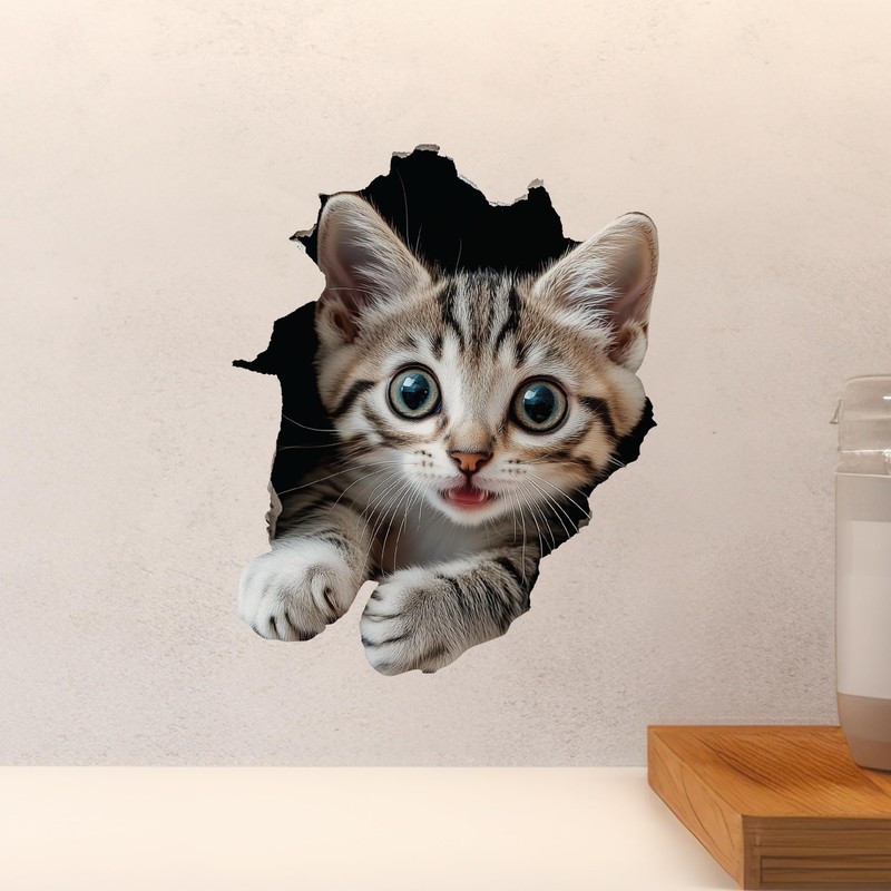 Tabby Cat Decal - Wall Hole Cat Sticker with 3D