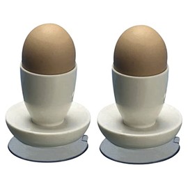 2 x Egg Cups with Suction Base – White Plastic Boiled Egg Holders Kitchen Breakfast Dinnerware Accessory – Each Measure 7 x 6 x 6cm