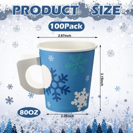 Sliner 100 Pcs Disposable Paper Snowflake Cups with Handles 9 oz Snowflake Espresso Cups Winter Coffee Mugs Beverage Drink Dinnerware Set for Adults Winter Holiday Party Supplies