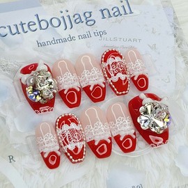 Red Romance Handmade Nail Tips - Almond S / 레드 로망스 수제네일팁 - 아몬드S