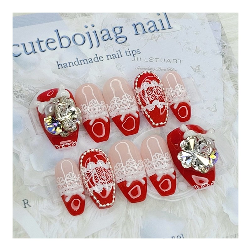 Red Romance Handmade Nail Tips - Almond S / 레드