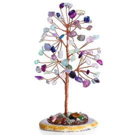 XIANNVXI Healing Crystal Fluorite Tree,Fluorite Crystal Gifts for Women Men,Tumbled Gemstones Tree with Agate Slice Base,Lucky Money Tree Reiki Gift Spiritual Gift