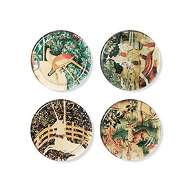 Metropolitan Museum of Art, Set of 4, Medieval Tapestry Creatures Unicorn Glass Coasters, Felt Backing, in Gift Box