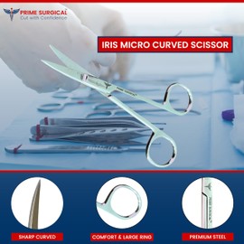 Prime Surgical Iris Micro Dissecting Scissors 4.5" Curved – Precision Tool, for Surgical Scissors, Doctors, Dental, Nurses, EMS, Students, Education, – Medical, First Aid Include Free Gloves