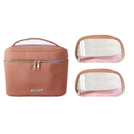 SANHECUN Travel Cosmetic Makeup Essentials Bag case Brush Case Wash Bag Cosmetic Pouch Set Organization 3pcs Set, Brown, Travel Essentials