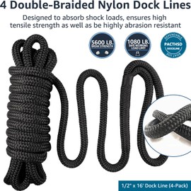 Boat Dock Lines 1/2 Inch x 16 ft Double Braid Nylon Dock Lines for Boats & Pontoons, Marine-Grade Nylon Dock Line with a 12" Eye, Ultimate Marine Rope, Boating Accessory - Black, 4 Pack