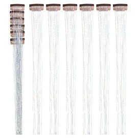 6 Pcs Clip in Hair Tinsel Kit 20.5 Inches Heat Resistant Glitter Tinsel Hair Extensions Fairy Hair Tinsel for Women Girls Hair Styling Party Gift (Silver)