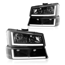 DimFlux LED DRL Headlight Compatible with 2003-2006 Chevy Silverado/ 2003-2006 Avalanche 1500 2500 Headlights Assembly Kit without Factory Cladding Models Black Housing Clear Reflector