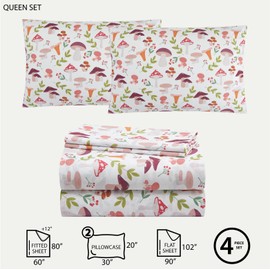 Urban Lifestyle 4 Piece Sheet Set, Including Top Sheet, Fitted Sheet and 2 Pillow Cases, Wild Mushroom Print, Queen