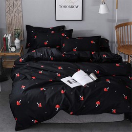 Morbuy Mushroom Bedding Set, 3 PCS Black Duvet Cover Set Double Kids Easy Care Quilt Cover with 2 Pillowcase Soft Microfibre Cute Kawaii Girls duvet Set, Black Mushroom (200 x 200 cm)
