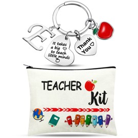 MTLEE Teacher Appreciation Gift for Women Teacher Kit Gift with Teacher Makeup Pouch Cosmetic Bag Thank You Teacher Keychain with Initial for Teacher Week and Graduation Gifts(E Shape)