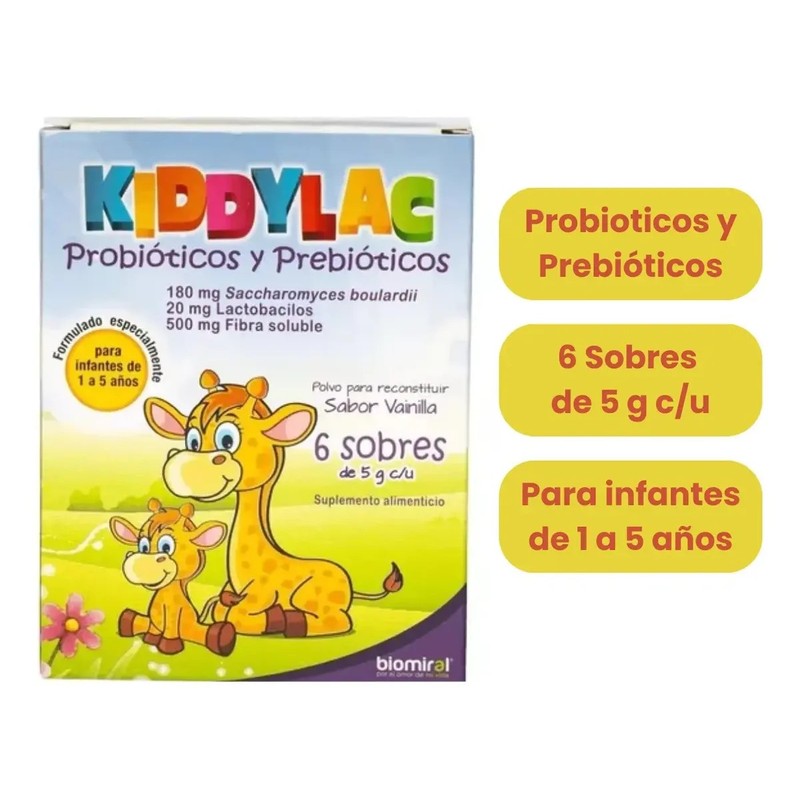 Probioticos Y Prebioticos Kiddylac 6 Sobres Sabor Vainilla