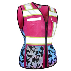 JKWEARSA Women Safety Vest, Multi Pockets High Visibility Reflective Breathable Mesh Work Vest For Lady, Durable Zipper,Rainbow Pink,Large
