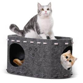 RXQNN Cosy Cat House for Indoor Cats,2 in 1 Durable Cat Cave Bed for Multiple Cats up to 22lb,Space Saving Cat Hideaway Enclosed Bed with 2 Exits (Grey)